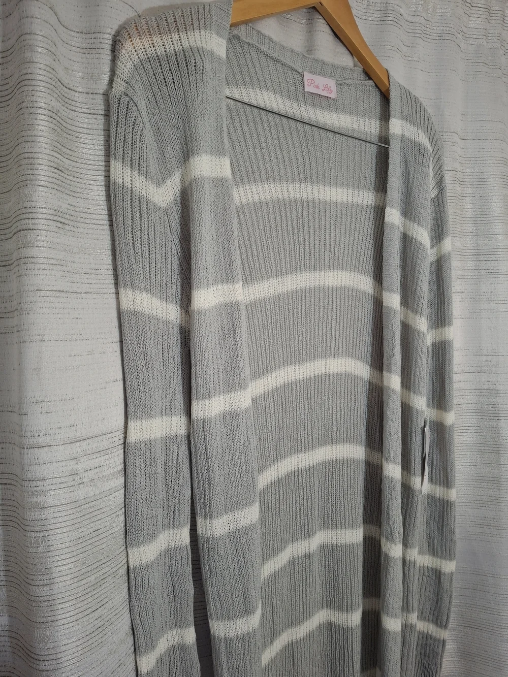 Pink Lily Gray & White Striped Open Cardigan Sweater Duster NWT